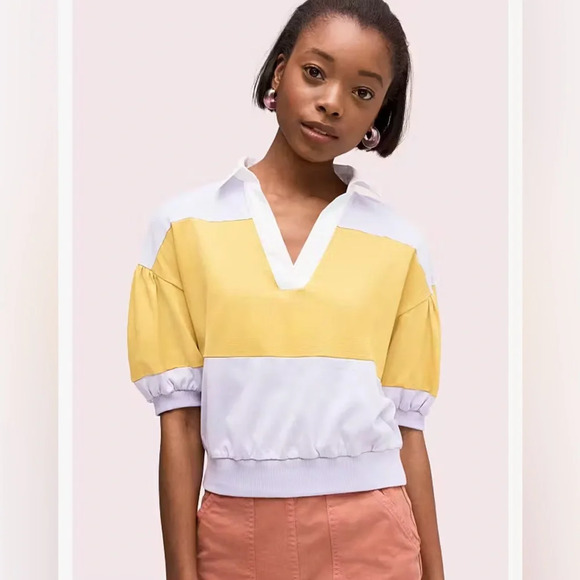kate spade Tops - Kate Spade Stripe Polo Knit Tee Frozen Lilac Purple Yellow XXL